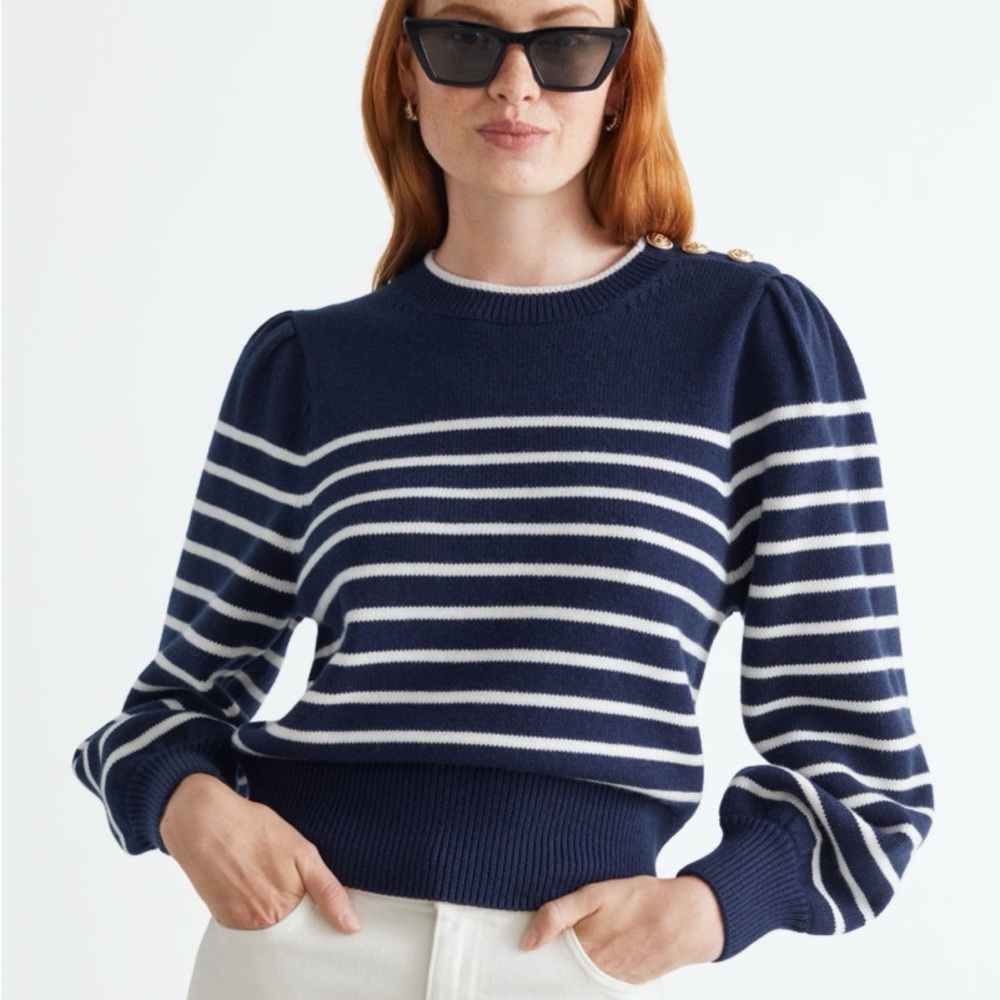 &other stories navy and white striped sailing crewneck with gold buttons